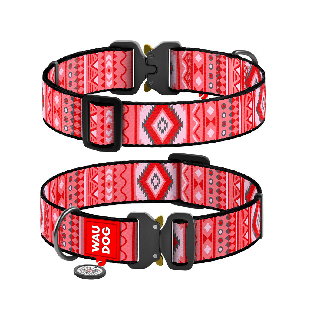 Нашийник для тварин WAUDOG Nylon з QR паспортом "Етно червоний" металева пряжка-фастекс XL (5211) - зображення 1