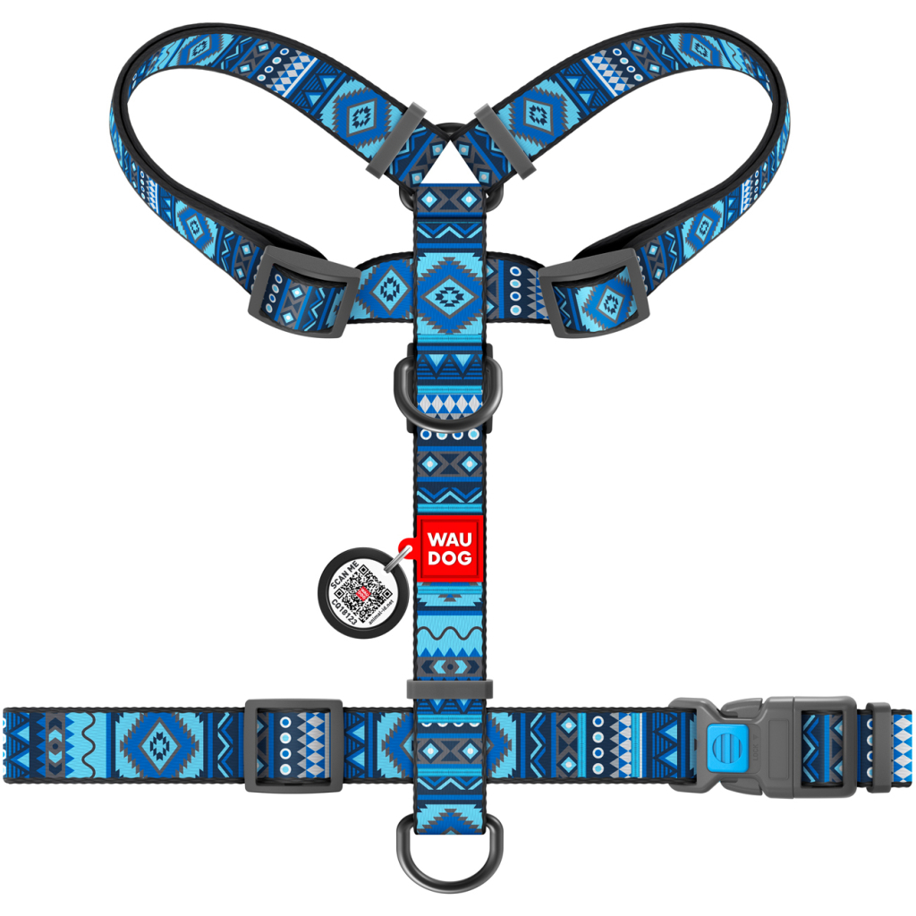Шлея для собак WAUDOG Nylon з QR паспортом анатомічна H-подібна "Етно синій" S (5618) - зображення 2
