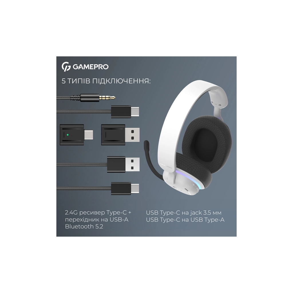 Навушники GamePro Asgard Bragi 7.1 RGB Tri-Mod White (HSW250W) - изображение 10