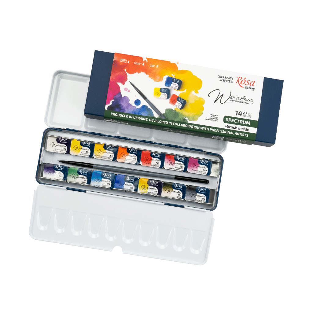 Акварельні фарби Rosa Gallery SPECTRUM, 14*2,5мл, з пензлем, кювета Індіго металевий пенал (4823098544760) - picture 6