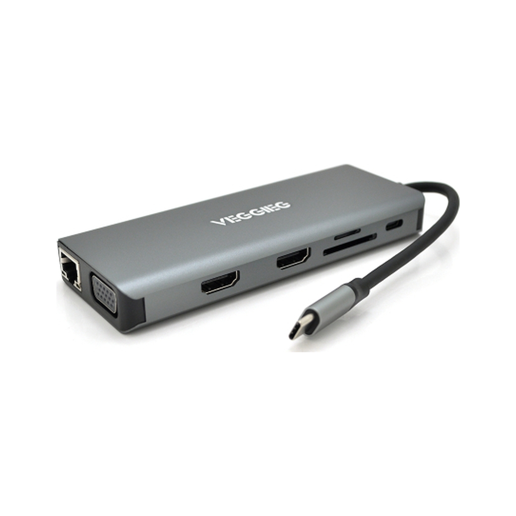 Концентратор VEGGIEG USB-C 9-in-1 USB-C + 4xUSB 3.0 + 2xHDMI + VGA + SD/TF + RJ45 0.1m silver (TC12) - зображення 2
