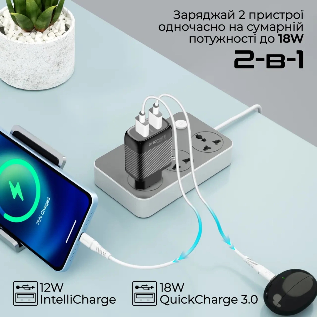 Зарядний пристрій Promate biplug-qc3.eu-bk - зображення 3