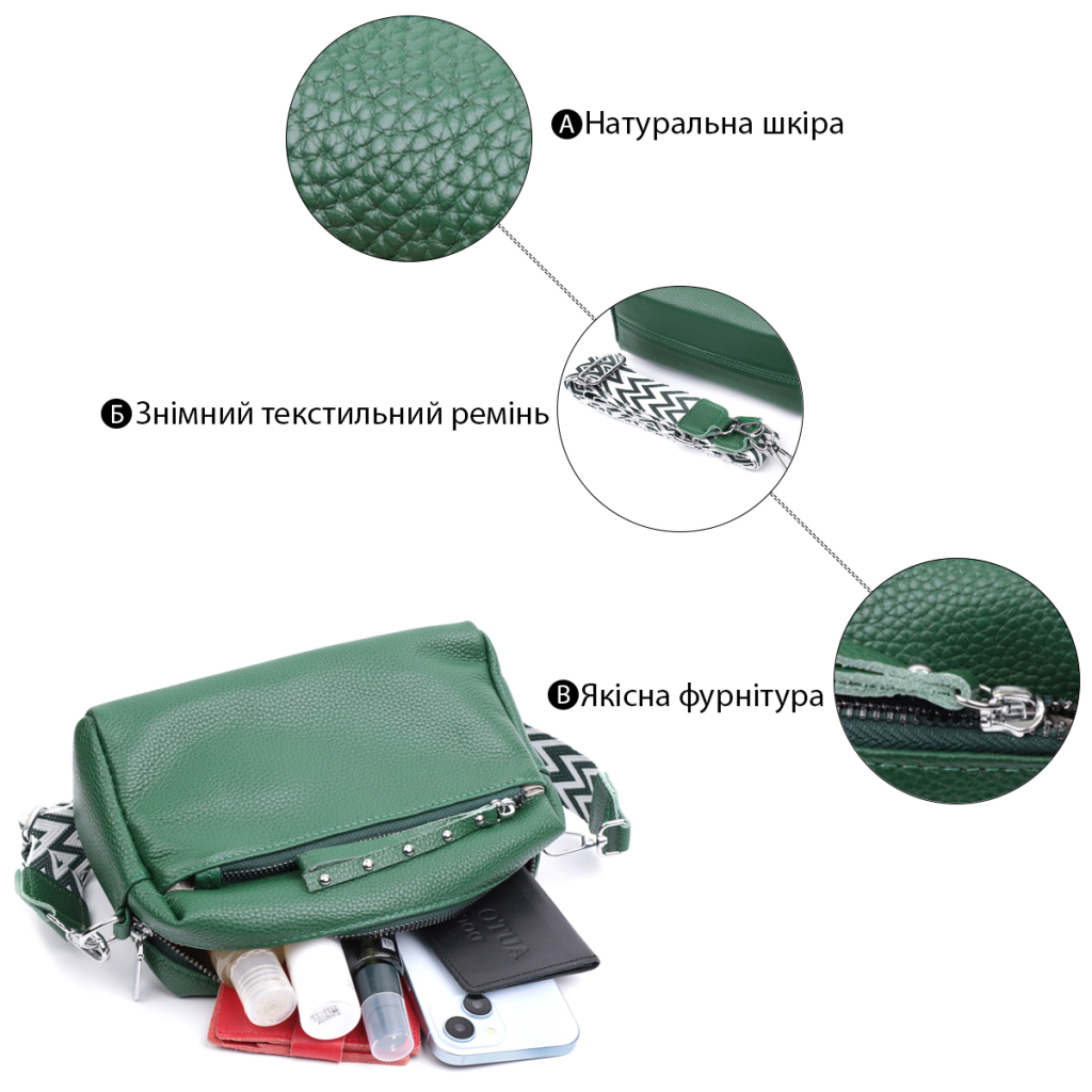 Сумка Vintage Шкіряна жіноча Зелена (22651) - зображення 4