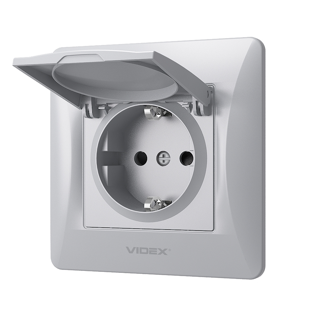 Розетка Videx BINERA 1ая із заземленням і кришкою сріб (VF-BNSK1GС-SS) - изображение 2