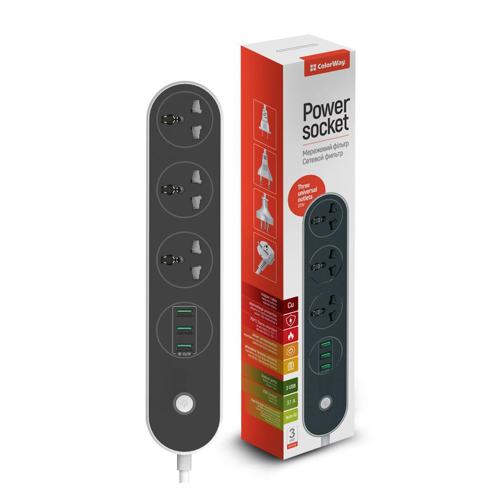 Мережевий фільтр живлення ColorWay CW-CHU33B, 3 розетки/3USB Black 1.8M (CW-CHU33B) - зображення 1