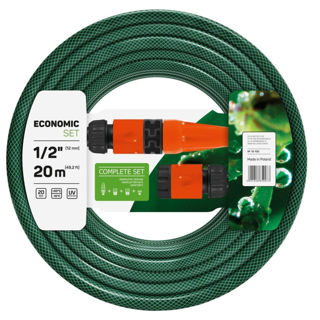 Шланг для поливу Cellfast набір ECONOMIC, 1/2", 20м, 3 шари, зрошувач, комплект для підключення (10-100) - зображення 1