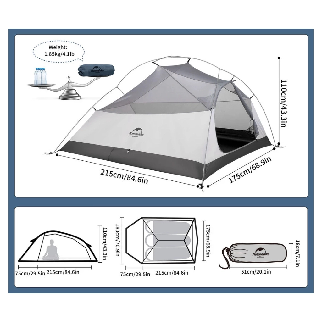 Намет Naturehike надлегкий тримісний з футпринтом Cloud Up 3 UL NH18T030-T-T, 20D, темно-синій (6927595783290) - зображення 5
