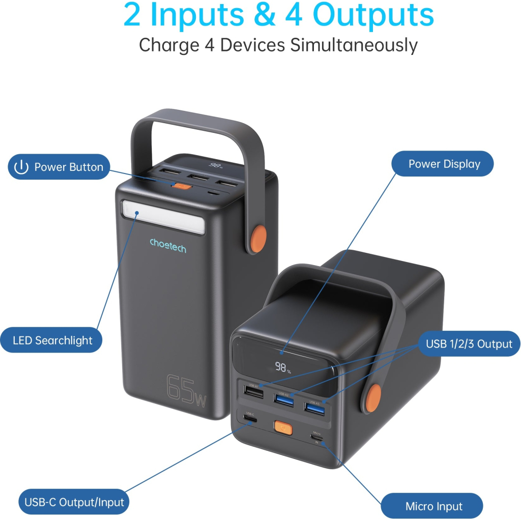 Батарея універсальна Choetech 50000mAh, PD/3.0/65W, QC/3.0/18W, USB-C, 3*USB-A, mirco USB, LED Light (B664-CCBE) - зображення 4