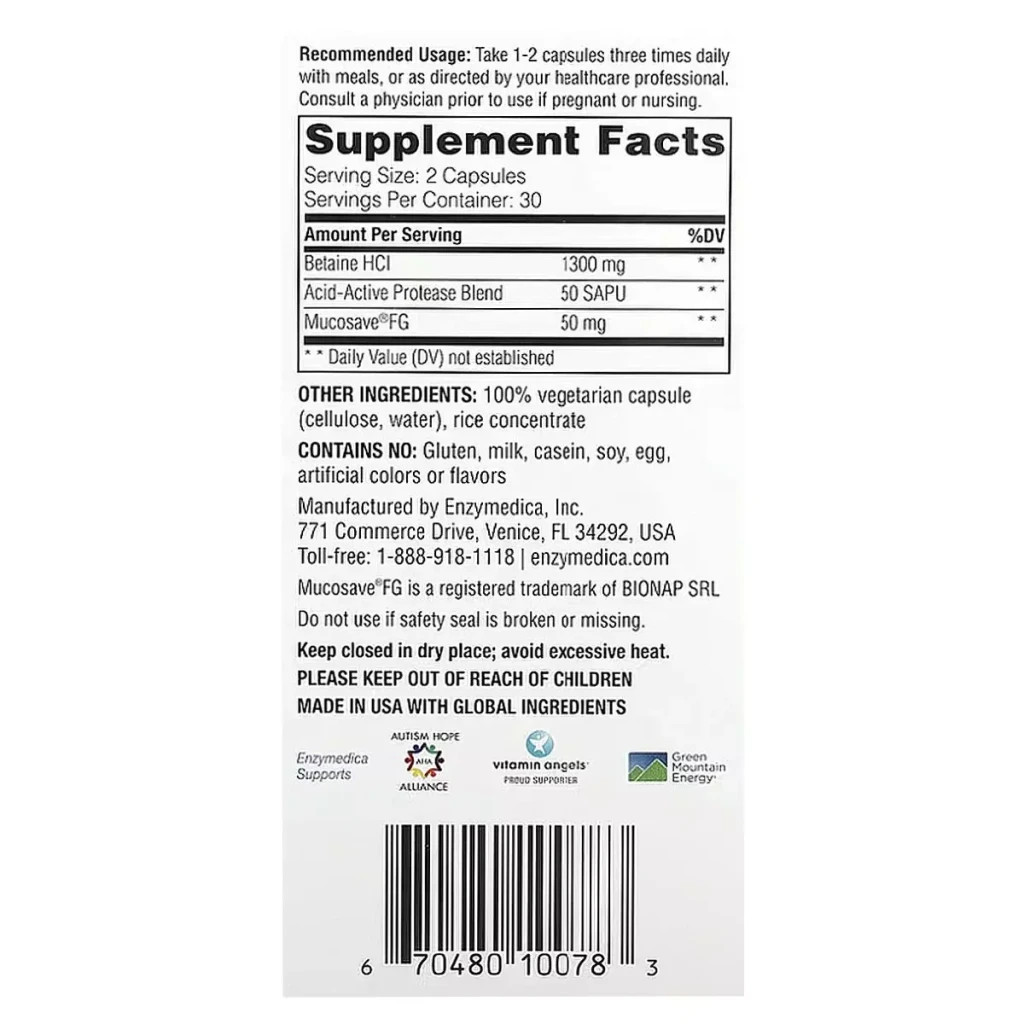 Вітамінно-мінеральний комплекс Enzymedica Бетаїн HCI 1300мг, 60 капсул (ENZ-10078) - зображення 2