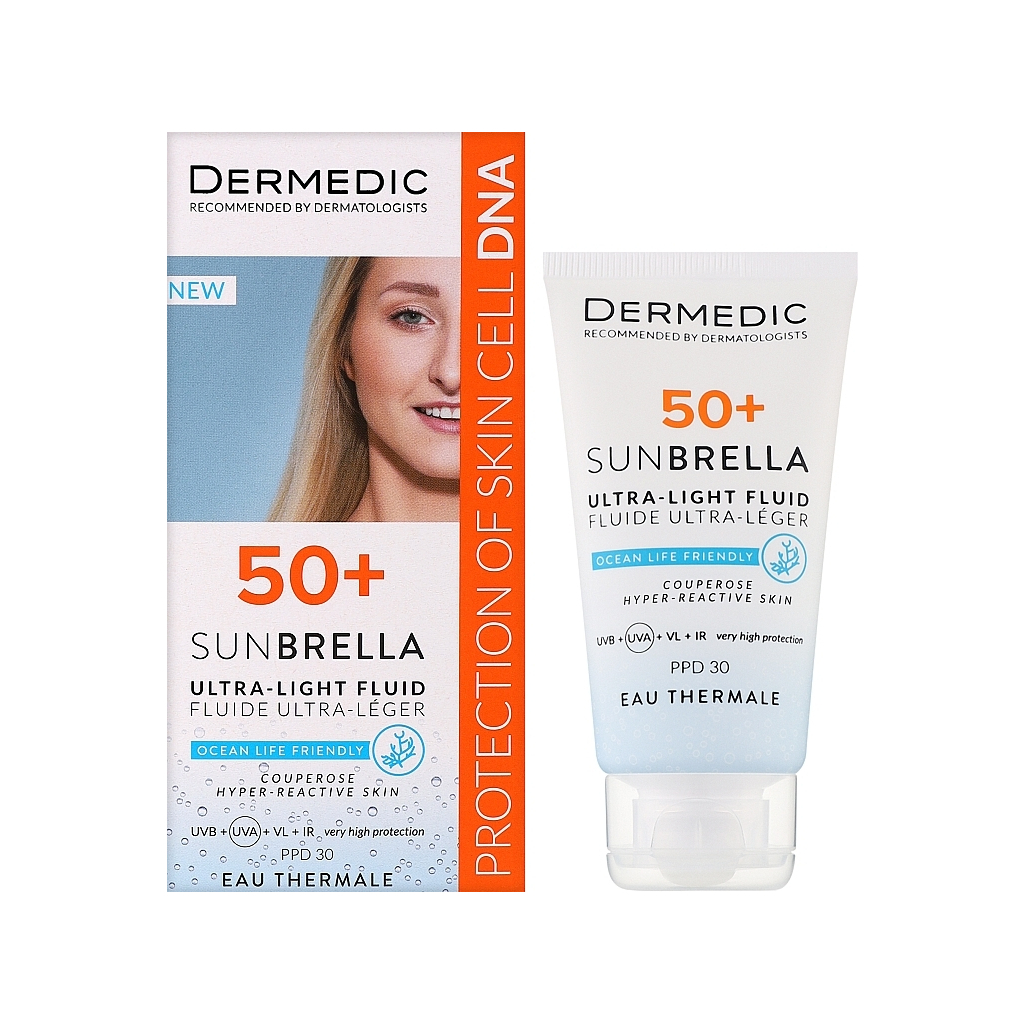 Засіб від засмаги Dermedic Sunbrella Ультралегкий захисний флюїд SPF 50+ Для судинної та гіперактивної шкіри 40 мл (5901643177584) - зображення 2