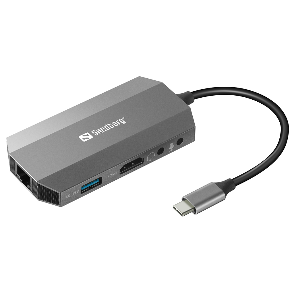 Концентратор Sandberg USB3.1 Type-C to HDMI/USB 3.0x2/RJ45/SD/TF/PD 100W 6in1 (136-33) - зображення 1