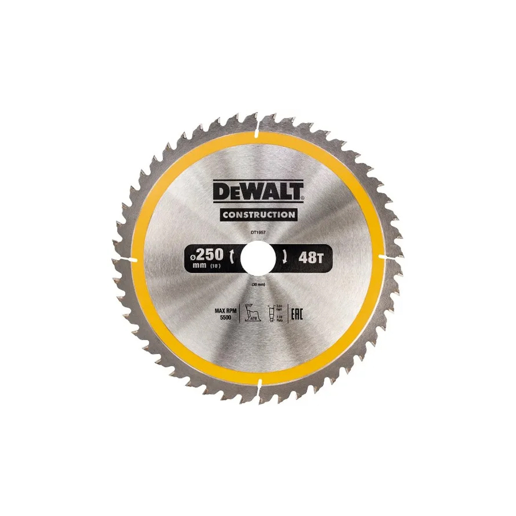 Диск пильний DeWALT CONSTRUCTION 250х30 мм, 48z (ATB) + 10 град (DT1957) - зображення 1