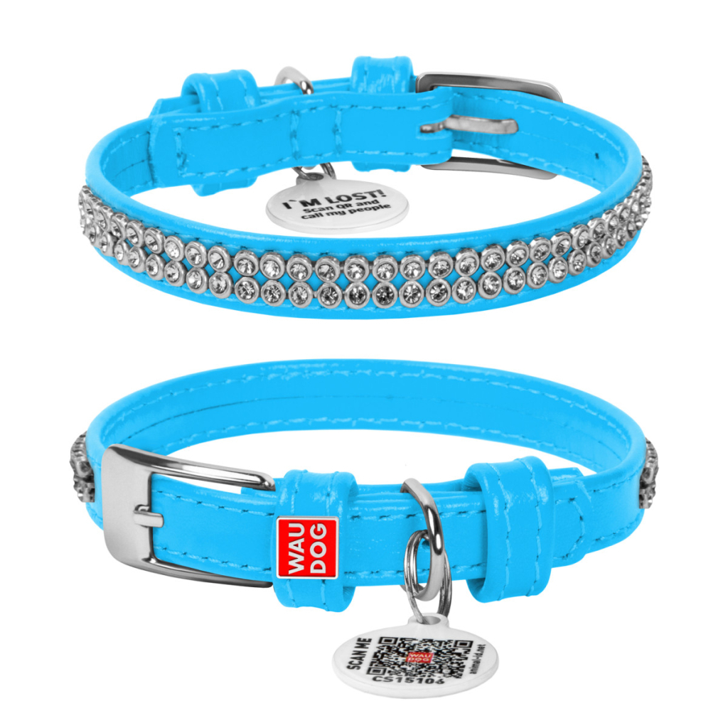 Нашийник для тварин WAUDOG Glamour з QR-паспортом "Стрази" XS Ш 12 мм блакитний (33082) - зображення 4