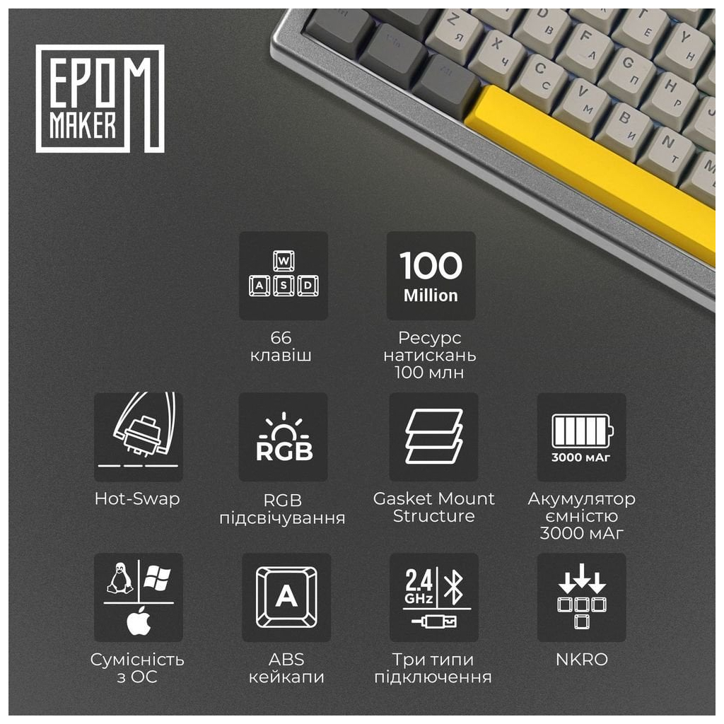 Клавіатура Epomaker EK68 65 Flamingo Switch Hot-Swap RGB Wireless/Bluetooth/USB UA Black (EK68-B-F) - зображення 8