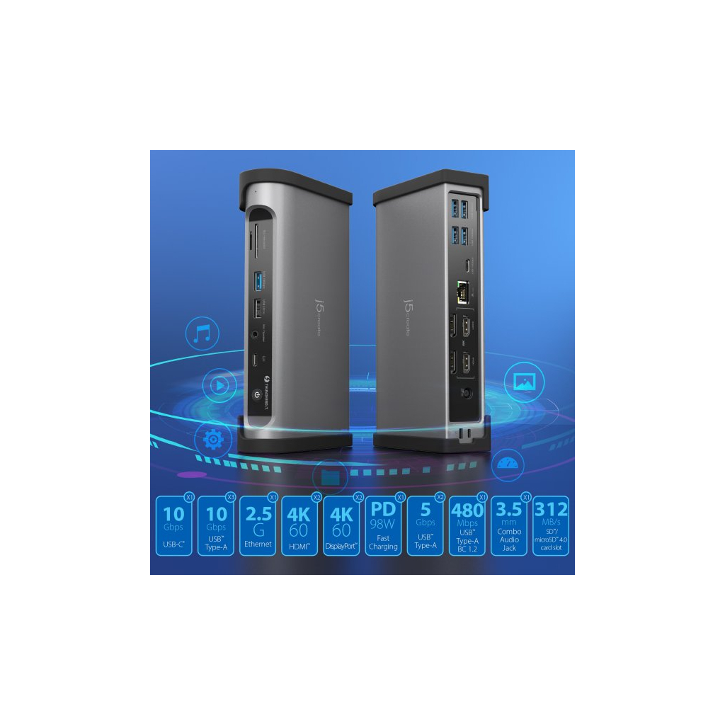 Порт-реплікатор J5create Dock-Station USB-C 15-in-1 (HDMI/DP/PD/USB-A/USB-C/LAN/картридер/audio) (JTD568-EN) - зображення 5