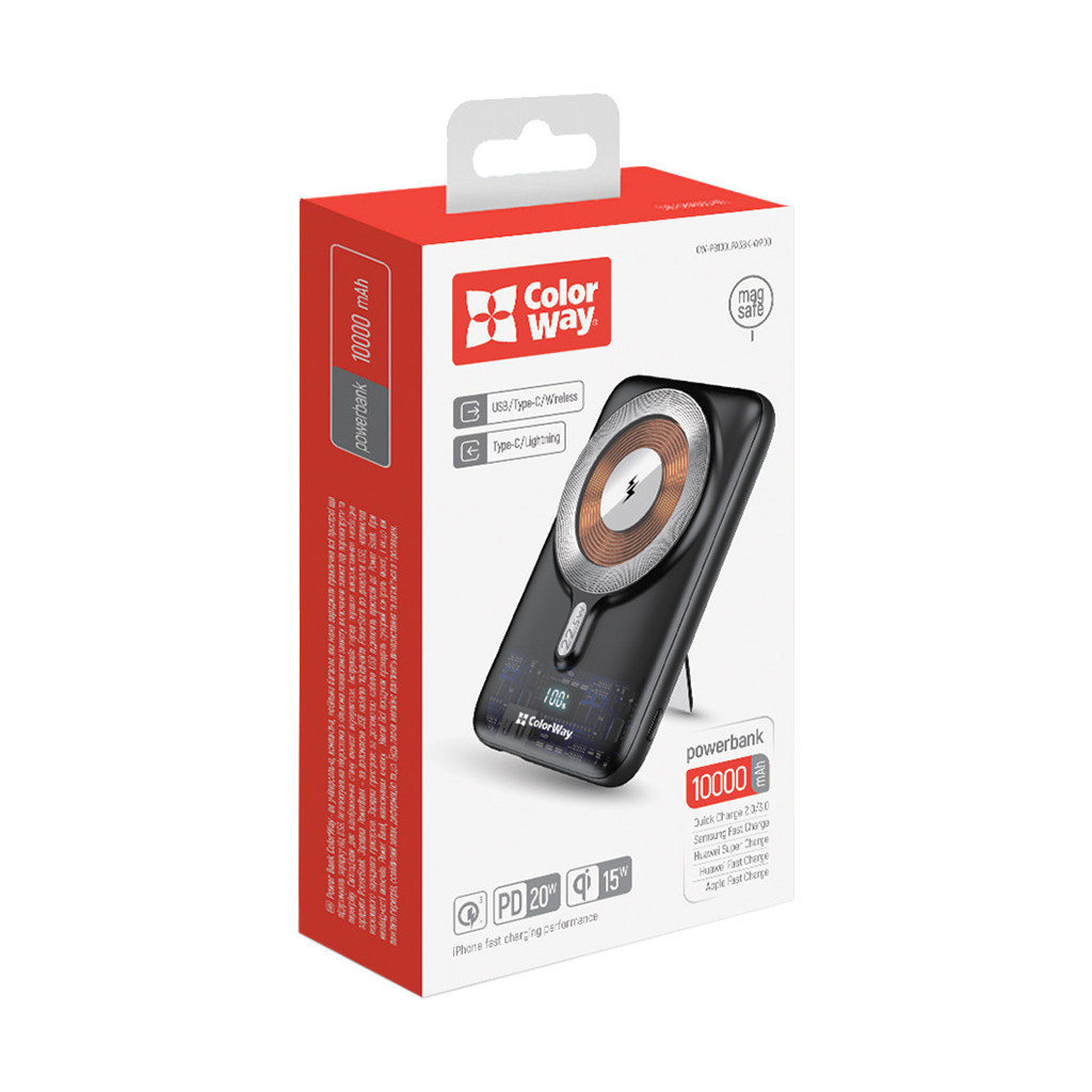 Батарея універсальна ColorWay 10 000 mAh 15W MagSafe (USB QC3.0 + USB-C PD 22.5W) (CW-PB100LPA3BK-WPDD) - зображення 6
