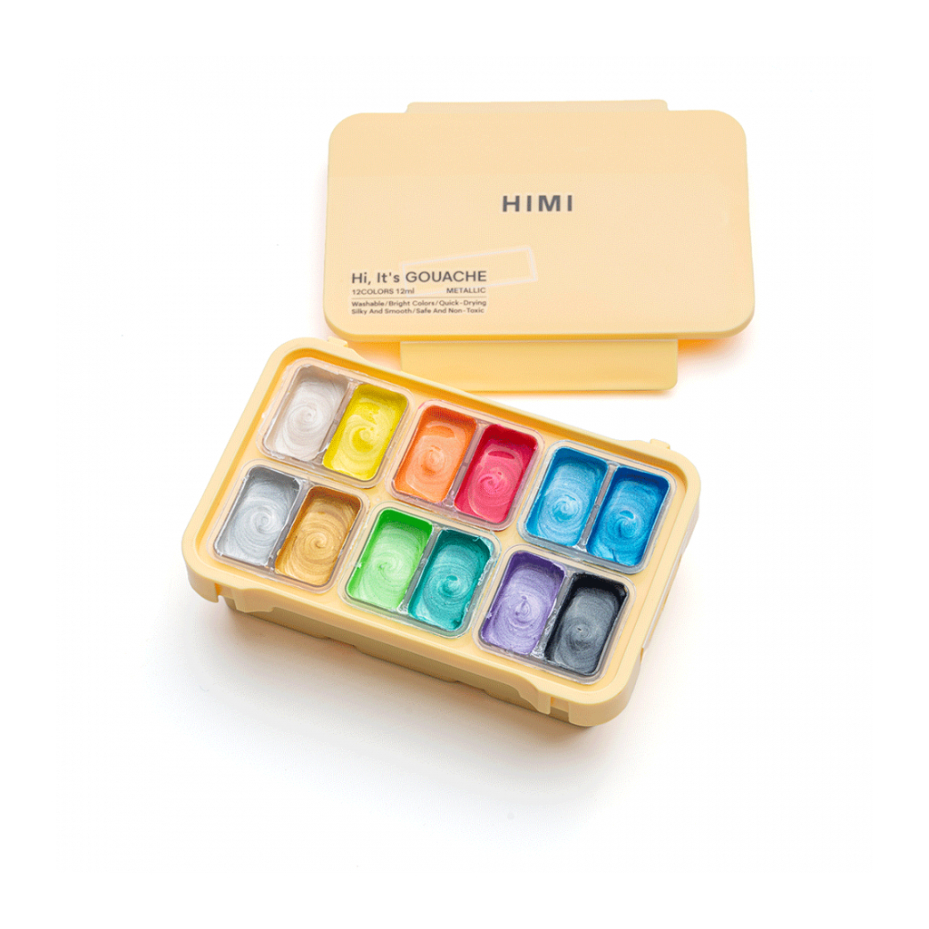 Гуашеві фарби HIMI Twin Cup 12 кольорів по 12мл, Металік, жовтий пластик, пенал (6976939680429) - picture 4
