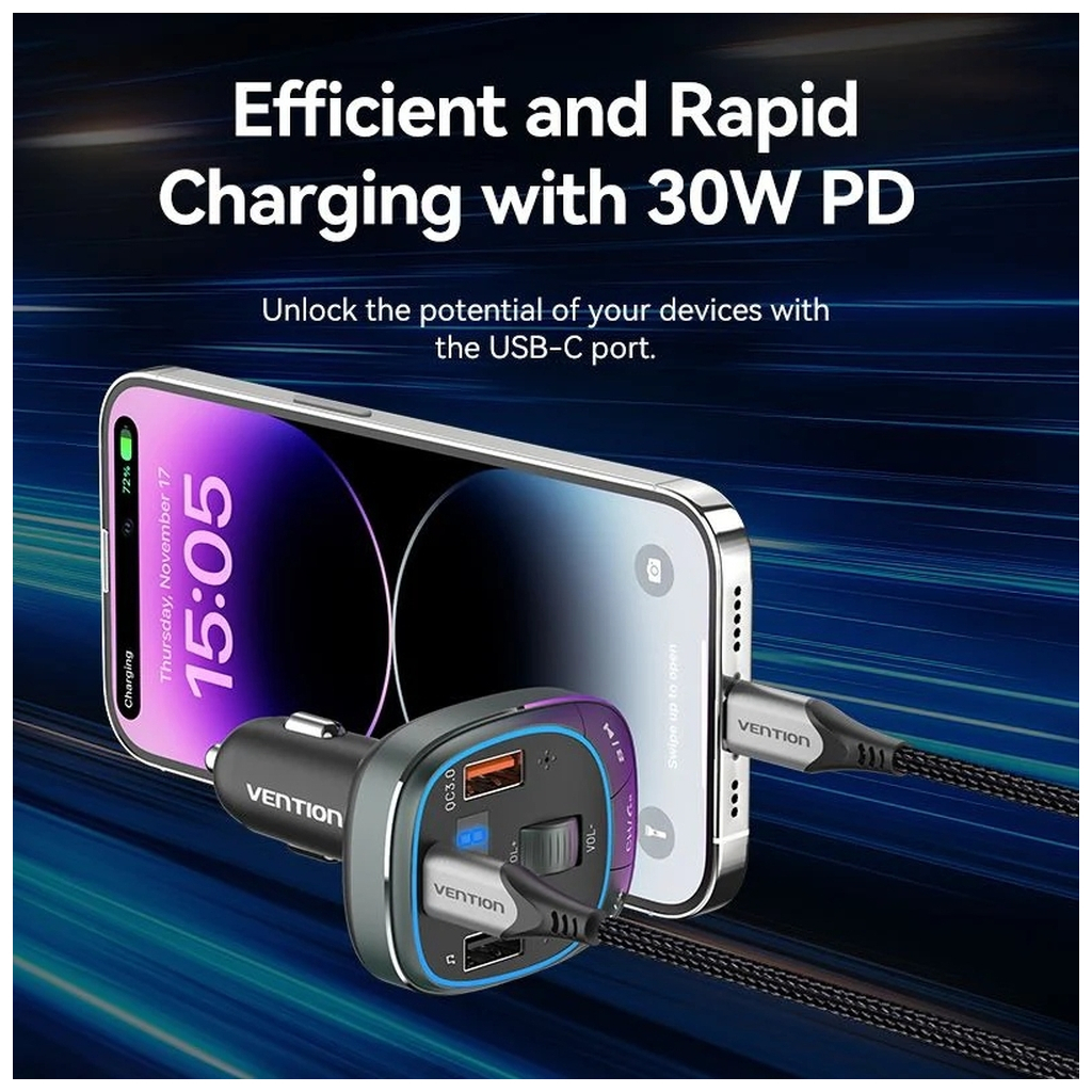 FM модулятор Vention PD 54W 3-Port USB (C+A+A) LED/USB Flash/Bluetooth, вольтметр (FFLB0) - зображення 9