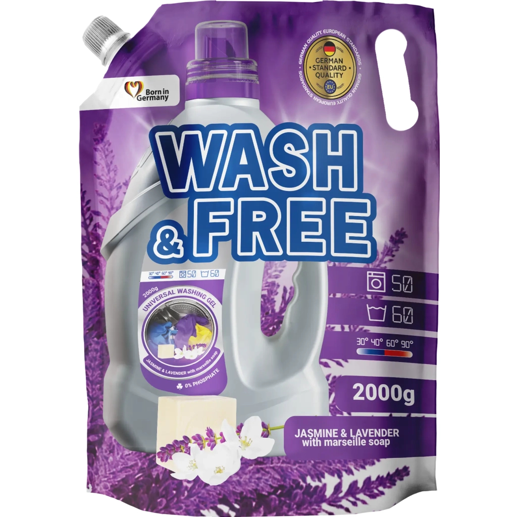 Гель для прання Wash&Free Жасмин та Лаванда з Марсельським милом Дой-пак 2 кг (4262396141873/4823128001430) - зображення 1