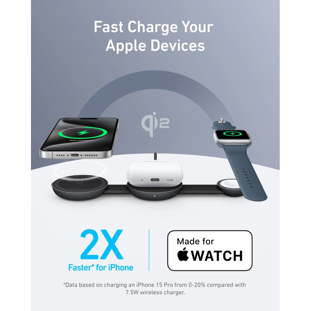 Зарядний пристрій Anker MagGo Wireless Charging Pad 15W 3-in-1 Foldable Black (B25M8H11) - зображення 3