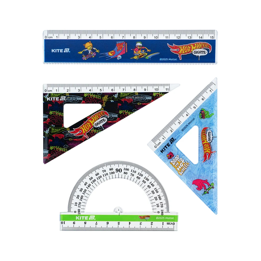 Лінійка Kite набір: лінійка 15 см, 2 косинця, транспортир Hot Wheels (HW25-282) - изображение 1