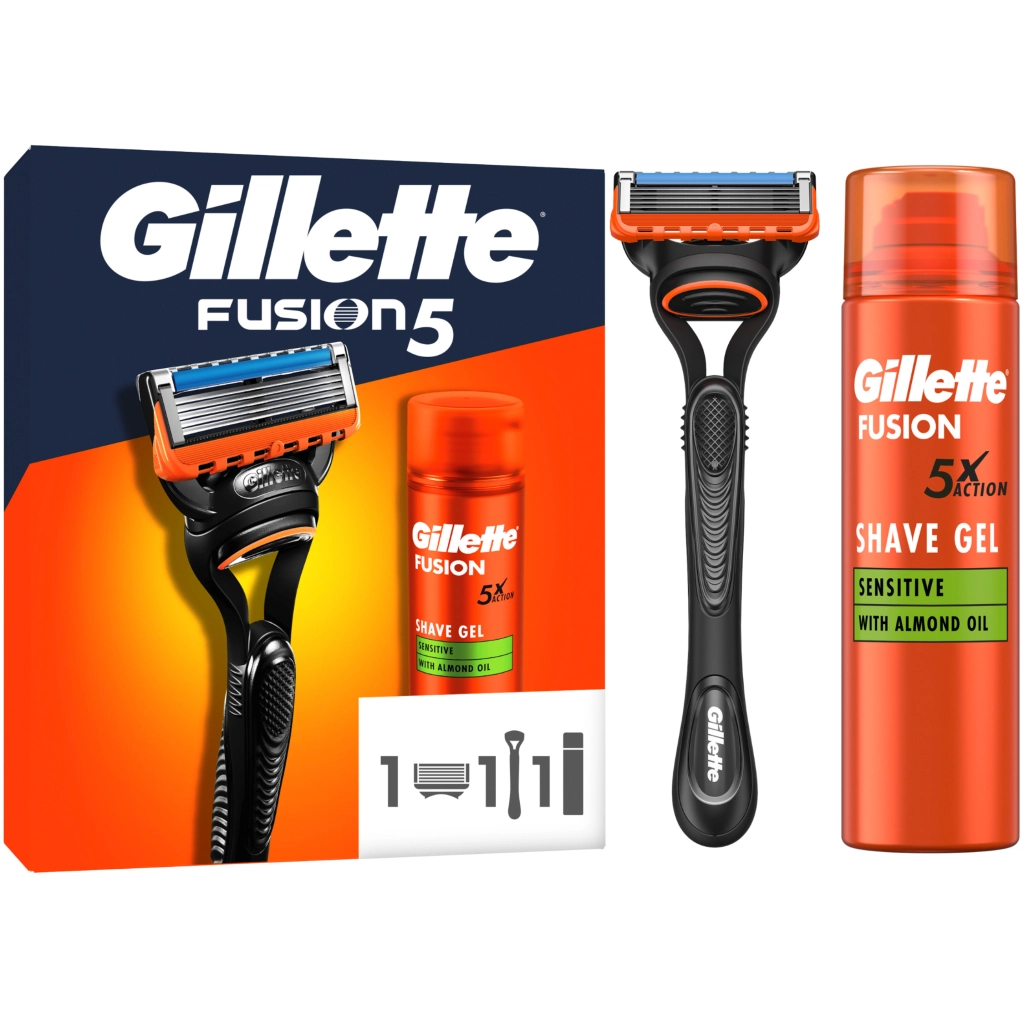 Набір косметики Gillette Станок Fusion5 з 1 змінним картриджем + Гель для гоління Fusion для чутливої шкіри 200 мл (8006530032605) - зображення 1