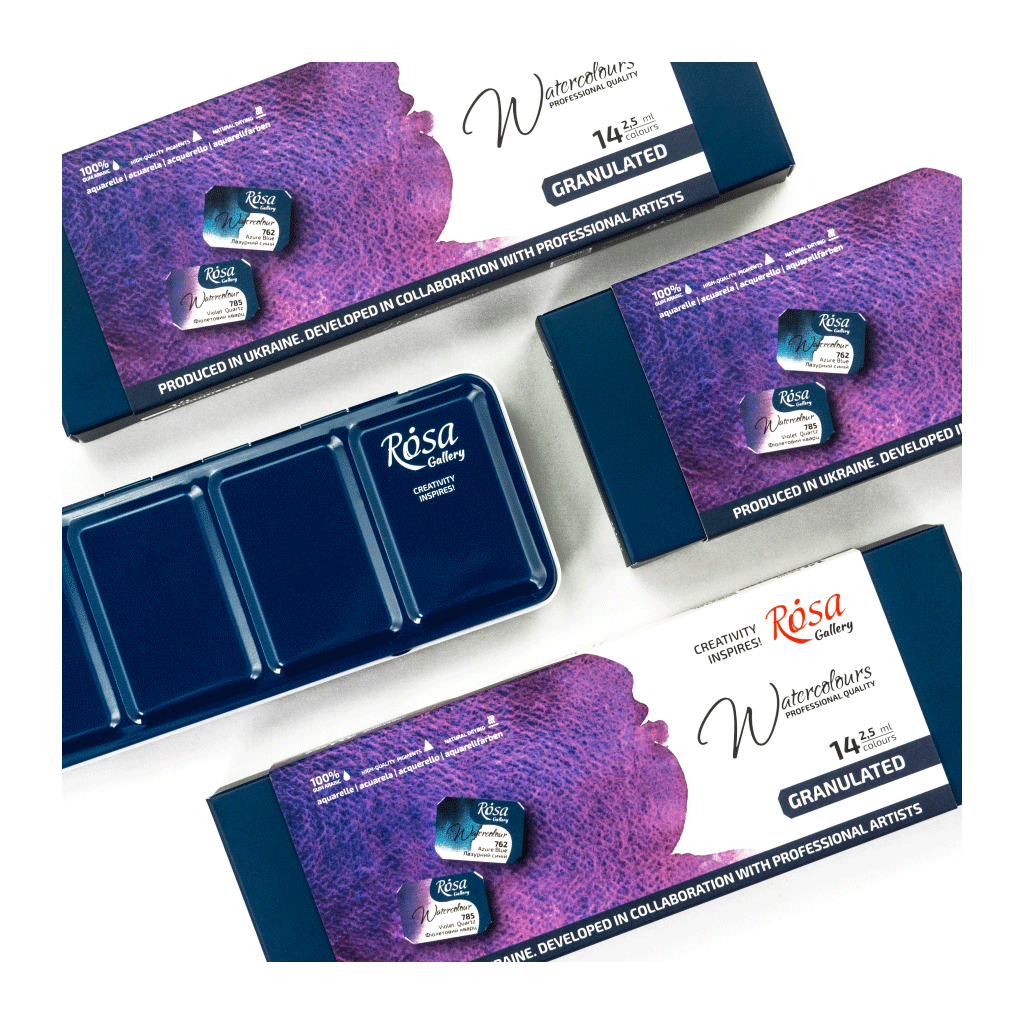 Акварельні фарби Rosa Gallery GRANULATION 14 кольорів по 2,5 мл в металевому пеналі (4823098544128) - изображение 7