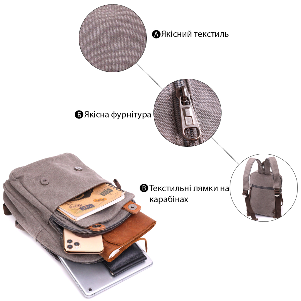 Сумка Vintage З двома відділеннями з щільного текстилю Сіра (22161) - зображення 4