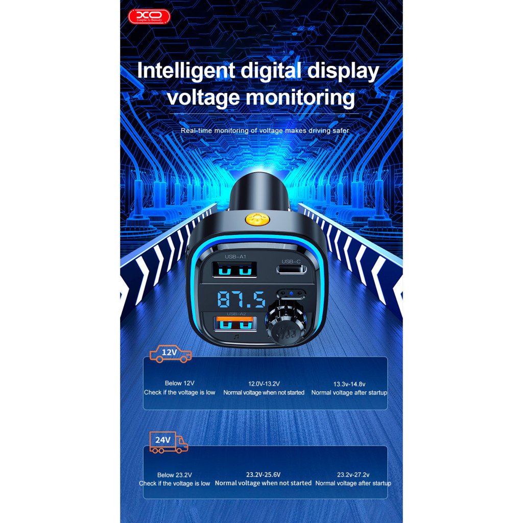 FM модулятор XO BCC08 автомобільний зарядний пристрій MP3/PD/2USB/3,1A Чорни (XO-BCC08) - зображення 8