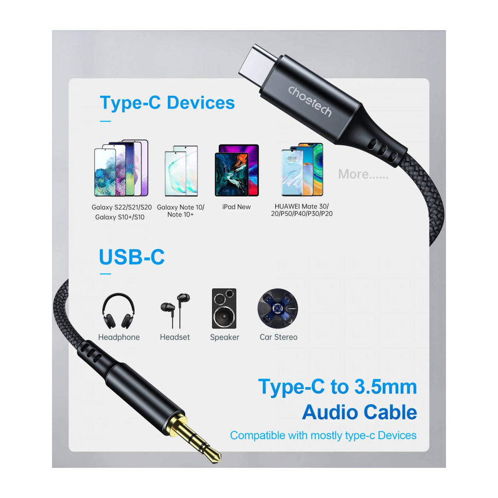 Кабель мультимедійний AUX USB-C to TRS Audio 3.5mm M/M DAC Chip 96kHz 1.0m black Choetech (AUX006) - зображення 5