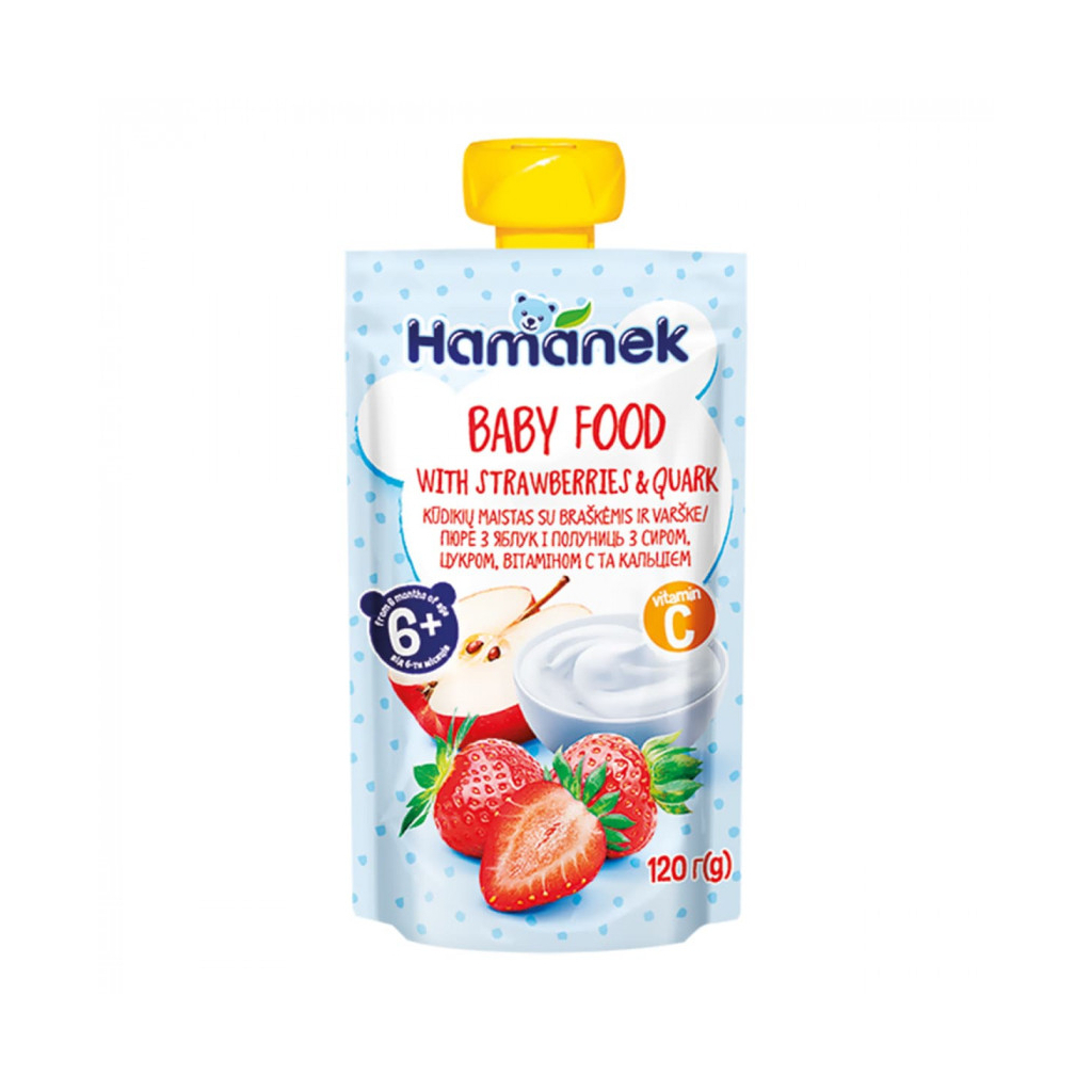 Дитяче пюре Hamanek Яблуко Полуниця Сир, 120 г (8595139783952) - зображення 1