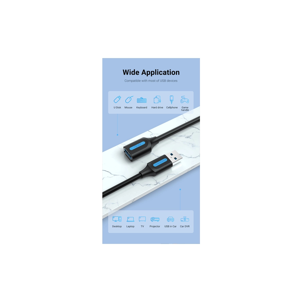 Дата кабель USB 2.0 AM/AF 2.0m black Vention (CBHBH) - зображення 3