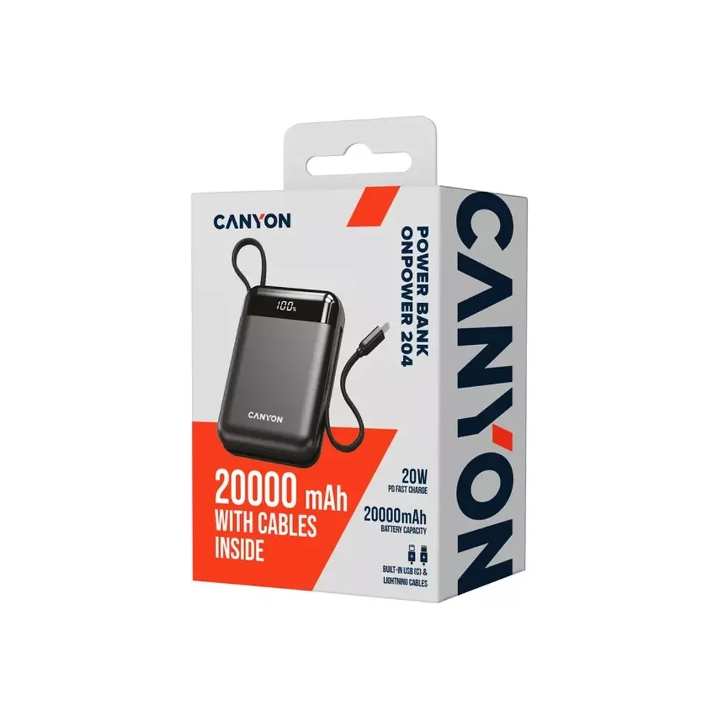 Батарея універсальна Canyon 20000mAh OnPower 204 PD/20W Built-in Lightning Cable (CNS-CPB204B) - изображение 5