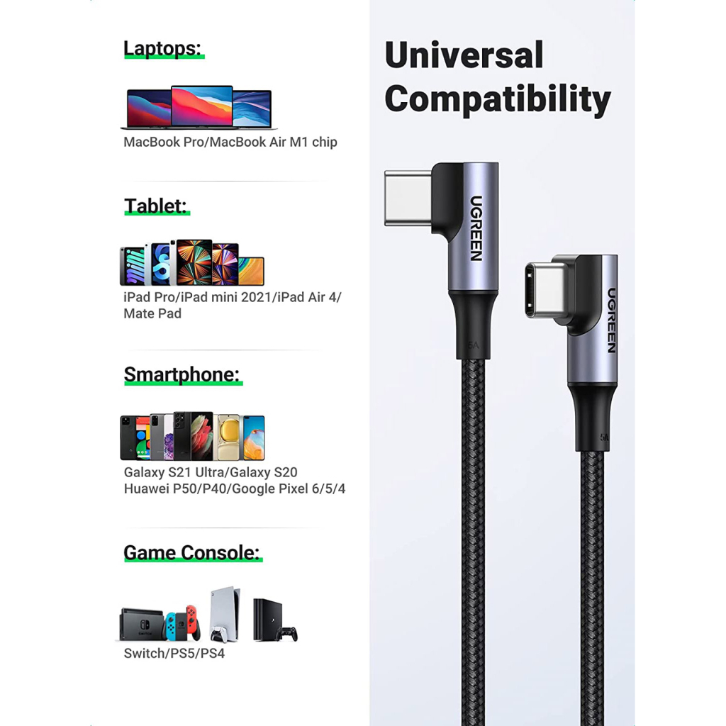Дата кабель USB-C to USB-C 1.0m 100W (20V/5A) 90° corner braided black UGREEN (70696) - зображення 7