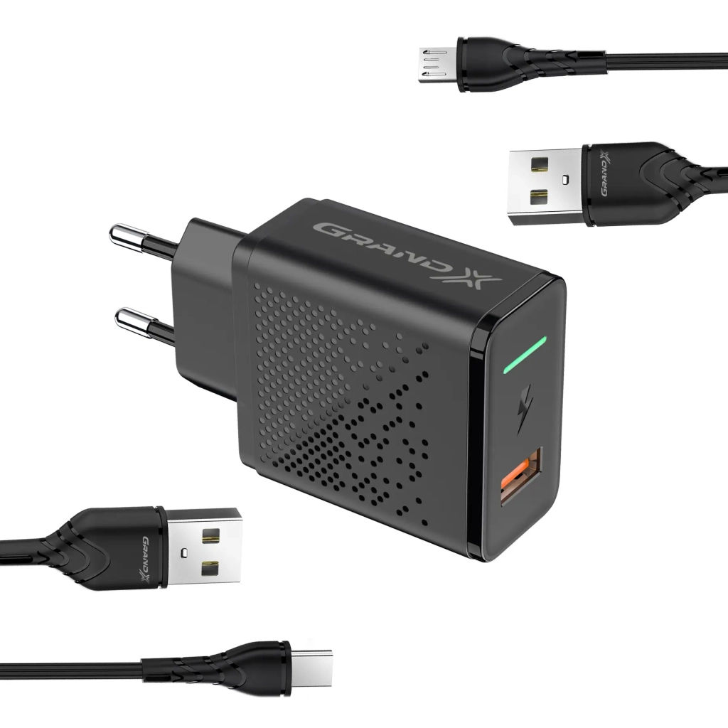 Зарядний пристрій Grand-X QC3.0 18W + microUSB + Type-C cables (CH-650MT) - зображення 1