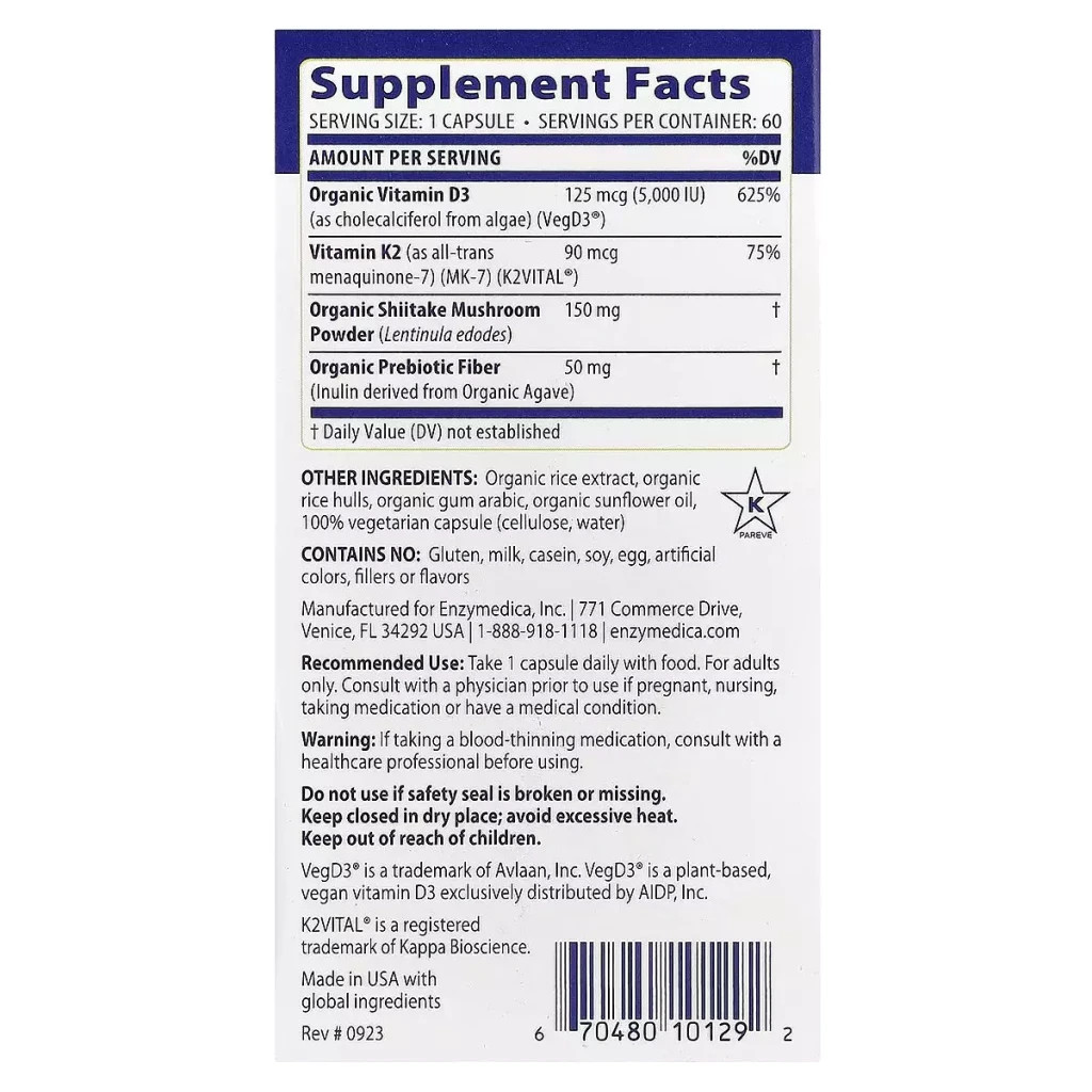 Вітамін Enzymedica Вітамін D3 + Вітамін K2, 60 капсул (ENZ-10129) - зображення 2