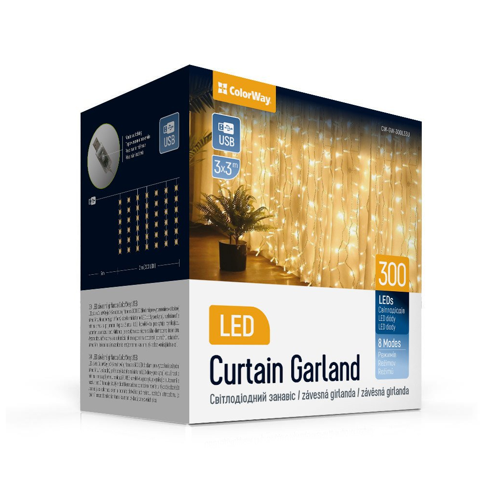 Гірлянда ColorWay Штора завіса 3 x 3 м 300 LED USB теплий колір (CW-GW-300L33U) - зображення 1