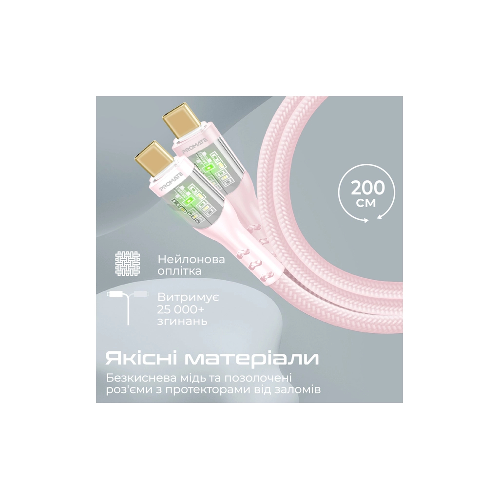 Дата кабель USB-C to USB-C 2.0m Promate (transline-cc200.pink) - зображення 7