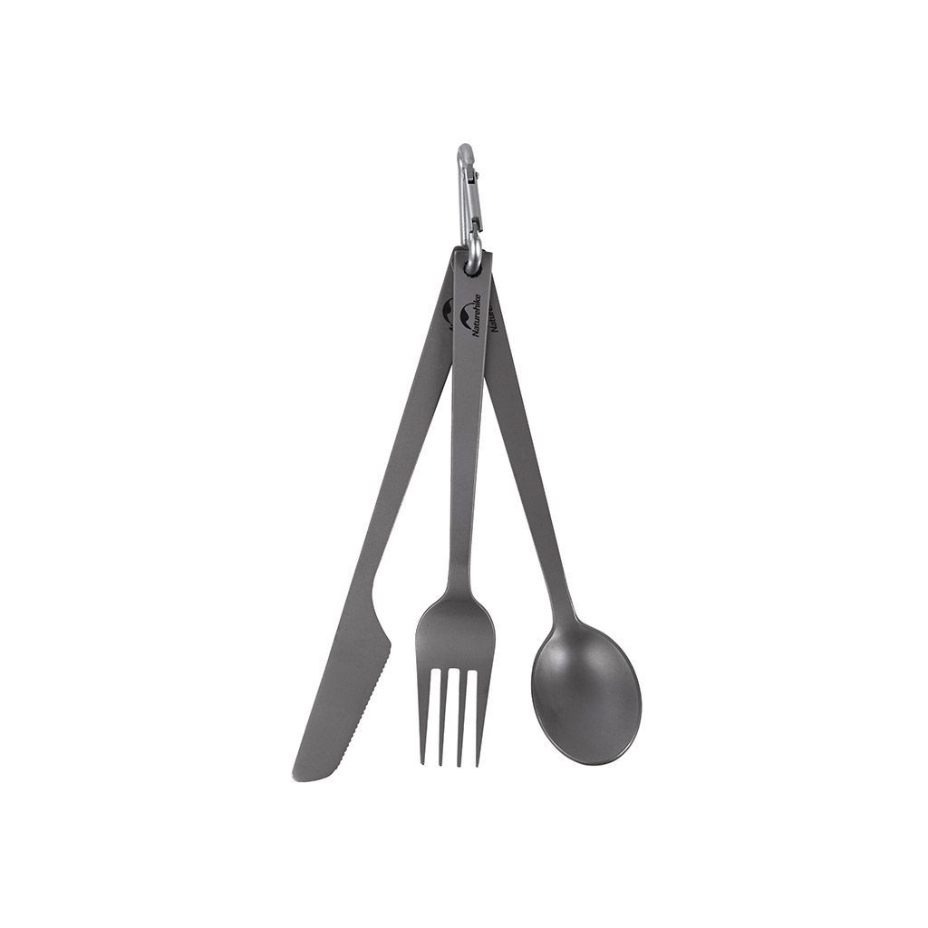 Набір туристичного посуду Naturehike ложка, виделка, ніж з титану NH19T011-D сірий з мішечком (6927595736739) - зображення 1