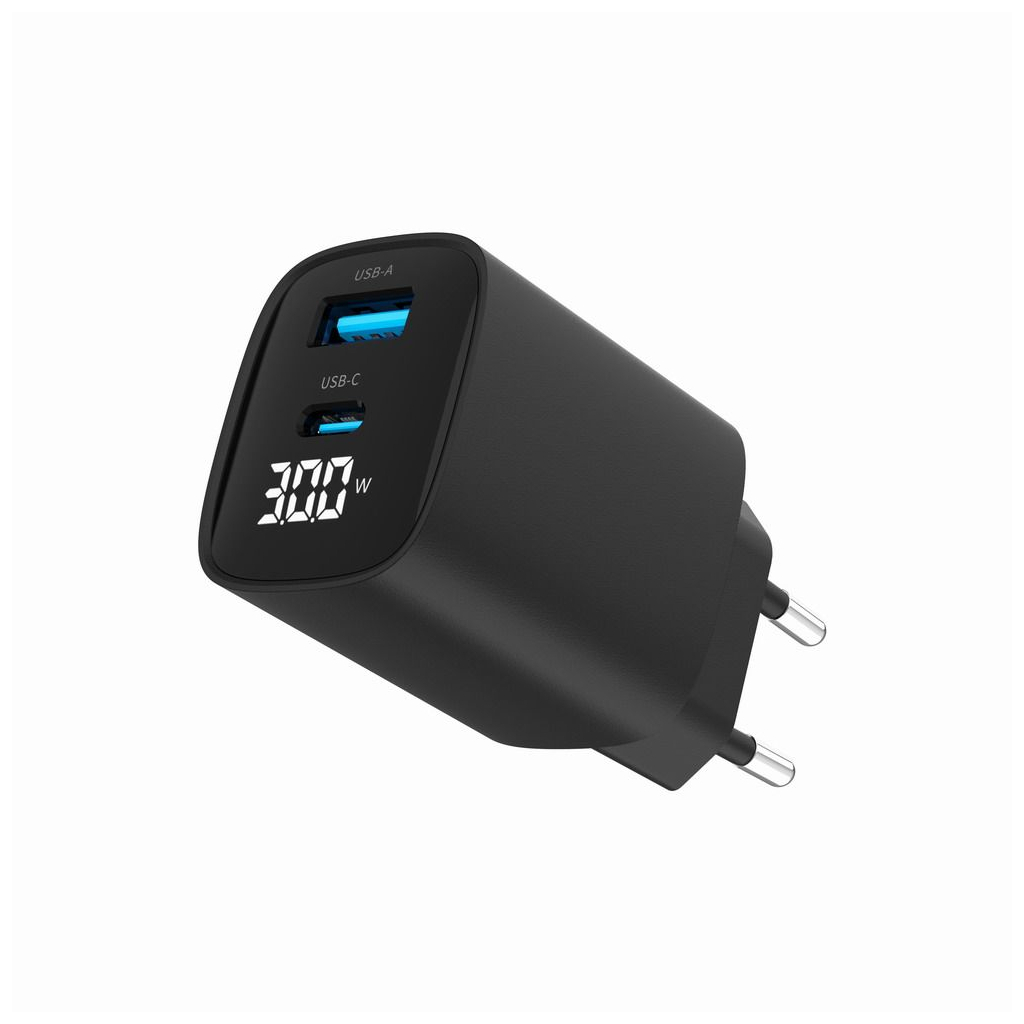 Зарядний пристрій Gembird 1xUSB-A (QC3.0 18W) + 1 Type-C (PD20W) LCD black (TA-UC-PDQC30LCD-BK-01) - зображення 2