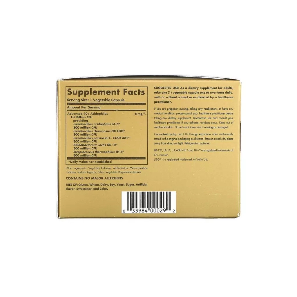 Пробіотики Solgar Пробіотики, Advanced 40+ Acidophilus, 120 капсул (SOL-00029) - зображення 4
