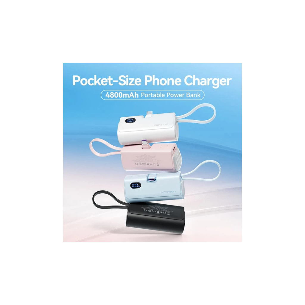 Батарея універсальна VENTION 4800mAh 22,5W PD, USB-C In/Out, LED display, with built-in USB-C cable Black (FHQB0) - picture 2