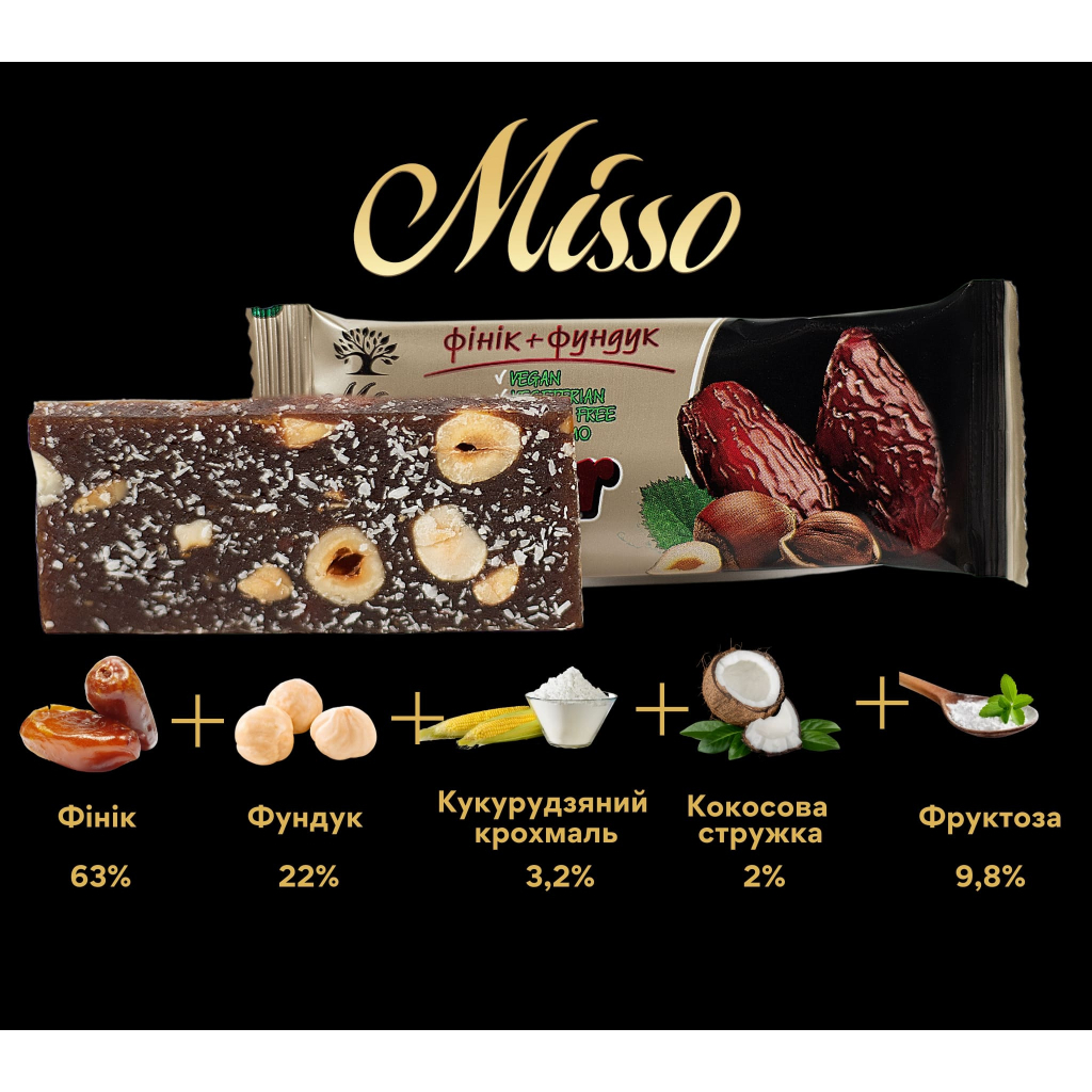 Батончик Misso Fitbar Фінік і фундук 30 г (4820232570302) - зображення 2