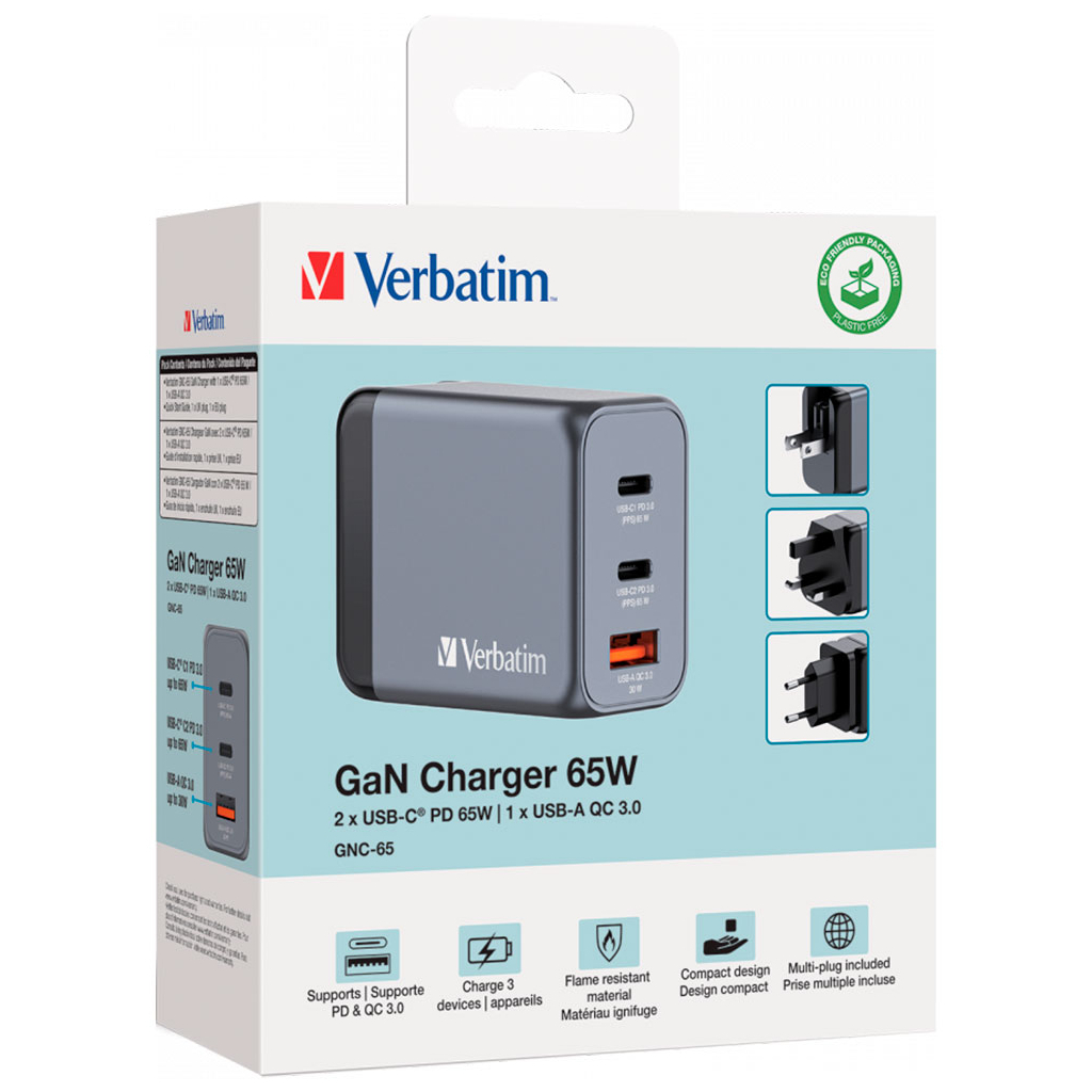 Зарядний пристрій Verbatim GaN 65 W 3 ports (2xUSB-C-65 W /USB-A -3.0) (32201) - зображення 3