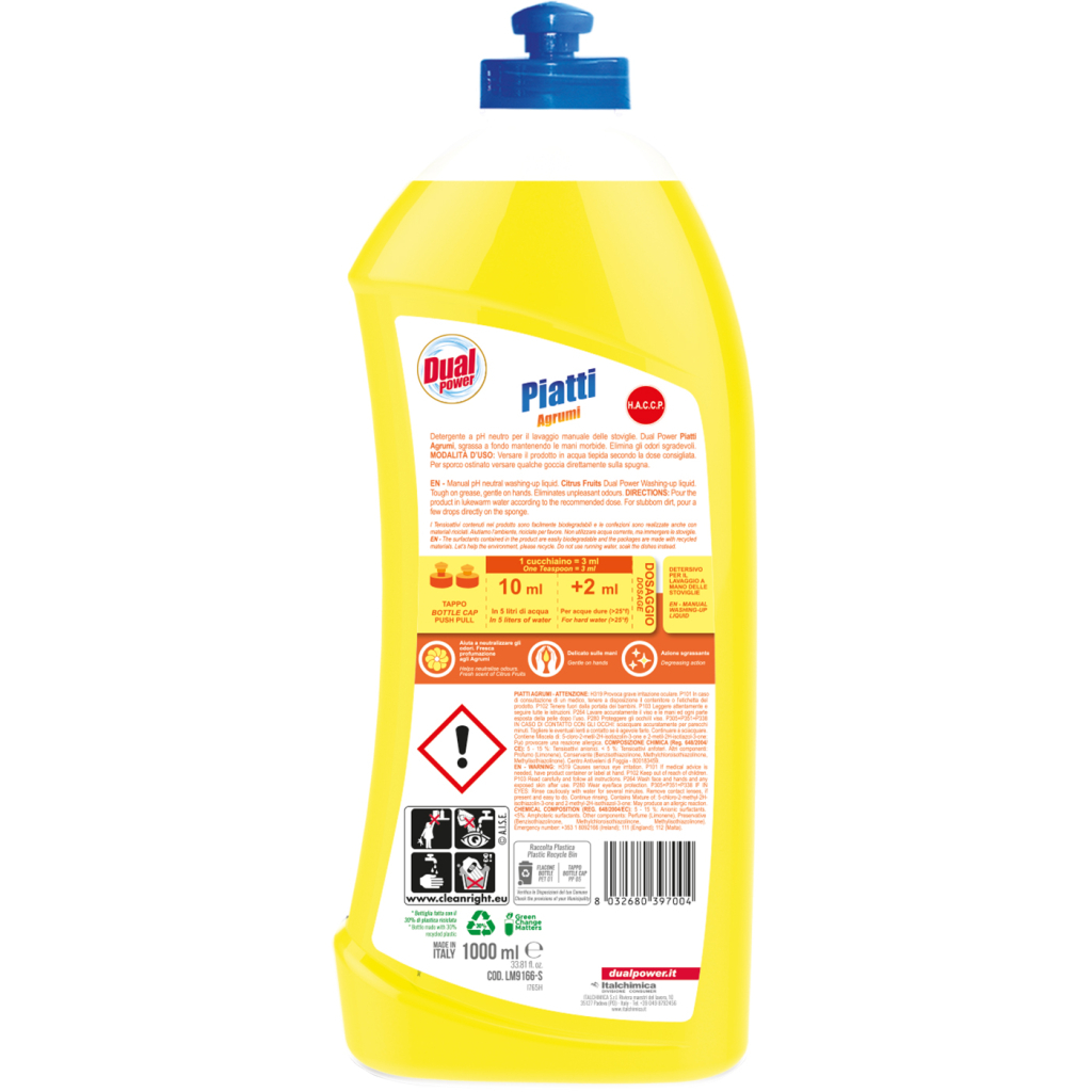 Засіб для ручного миття посуду Dual Power рідкий Цитрусові 1 л (8032680397004) - зображення 2