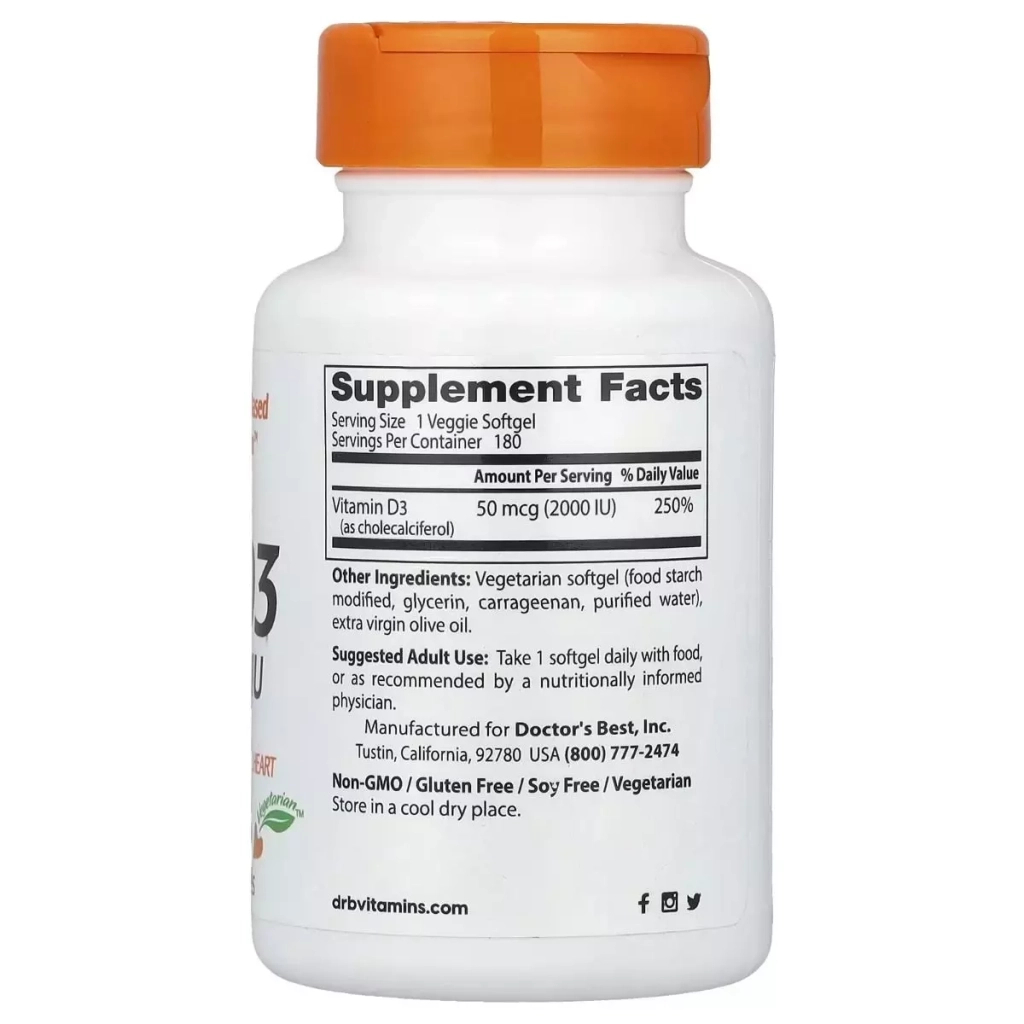 Вітамін Doctor's Best Вітамін D3, 2000 МО, Vitamin D3, 180 вегетаріанських капсул (DRB-00535) - зображення 2