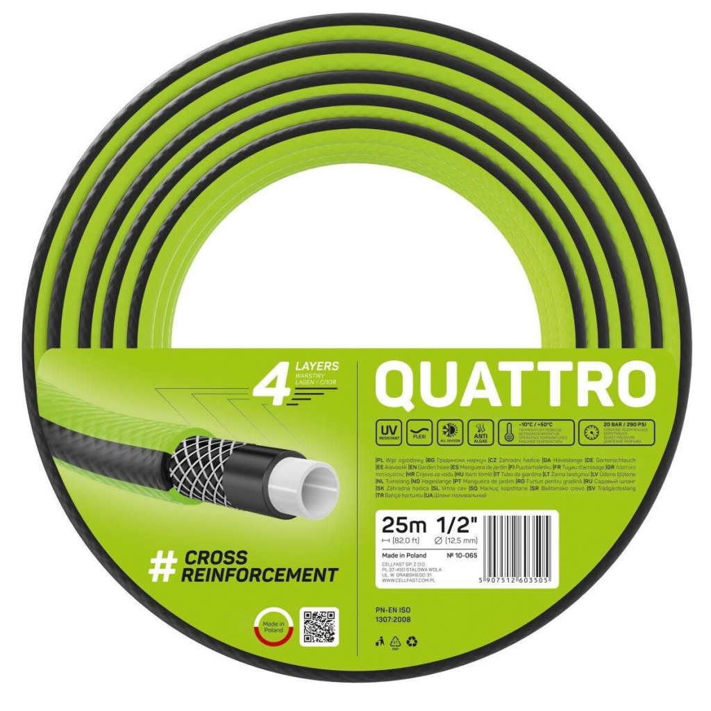 Шланг для поливу Cellfast QUATTRO, 1/2', 25м, 4 шари, до 20 Бар, -10…+50°C (10-065) - изображение 1