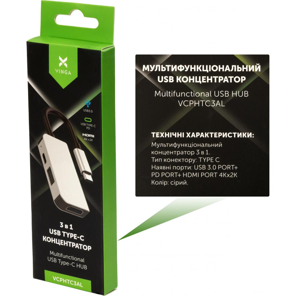 Концентратор Vinga Type-C to 4K HDMI+USB3.0+PD aluminium (VCPHTC3AL) - зображення 3