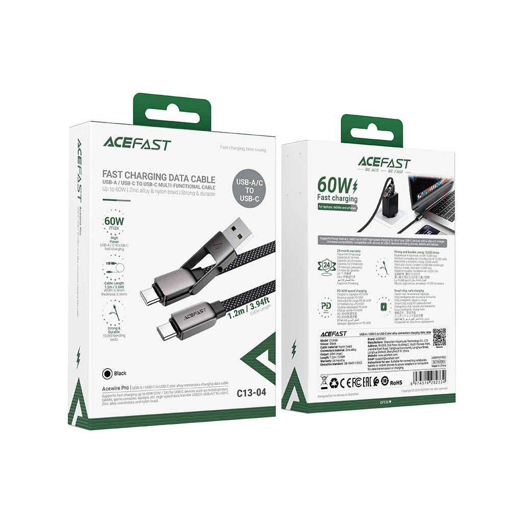 Дата кабель USB-C + USB-A to USB-C 1.2m 3.0A zink alloy C13-04 Black Acefast (6974316282334) - зображення 5