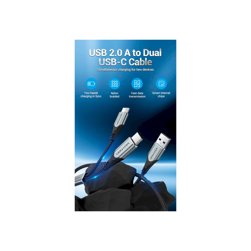 Дата кабель USB 2.0 AM to 2хUSB-C M 1.0m 2.4А 480Mbps Aluminum Vention (CQOHF) - зображення 3